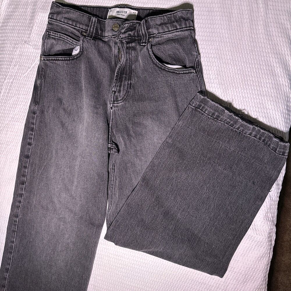 Hollister Super Baggy Blue Jeans 29x30 gray Skater Y2K mushroom embroidered